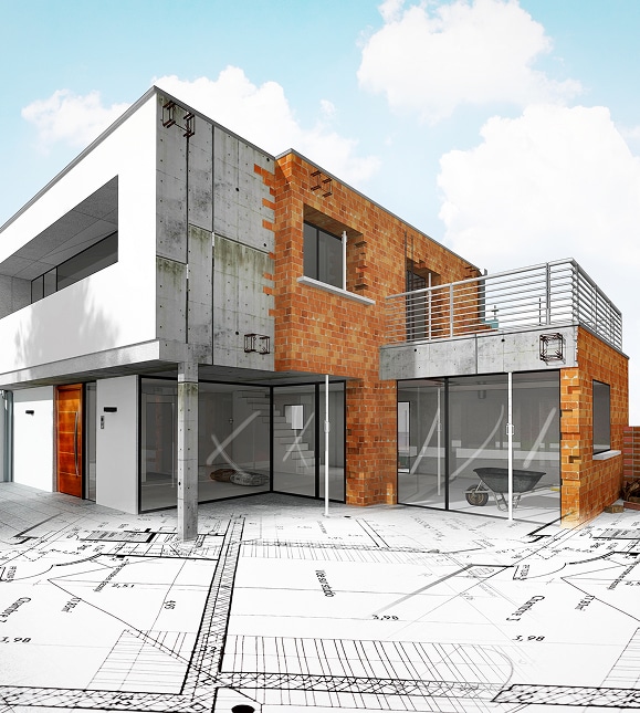 Maison Moderne : Plans, Construction, Architecture Maison moderne en construction (brique et béton brut) superposée à un plan d'architecture technique coté.