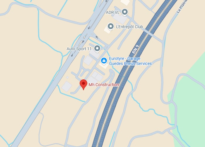 Localisation Mh Construction près RN 9 - Auto Sport 11 Carte pointant sur Mh Construction, proche de la RN 9, Auto Sport 11, L'Entrepôt Club et Eurotyre.
