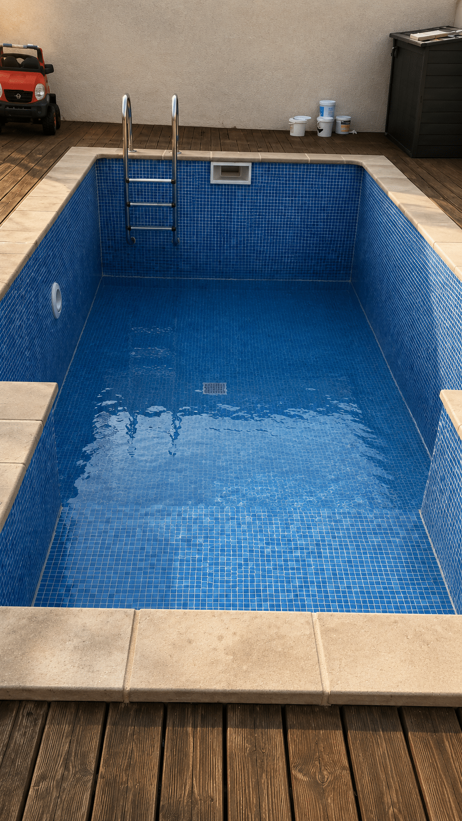 Piscine en mosaïque bleue sur terrasse bois design Petite piscine rectangulaire en mosaïque bleue avec échelle inox sur une terrasse en bois chaleureuse.