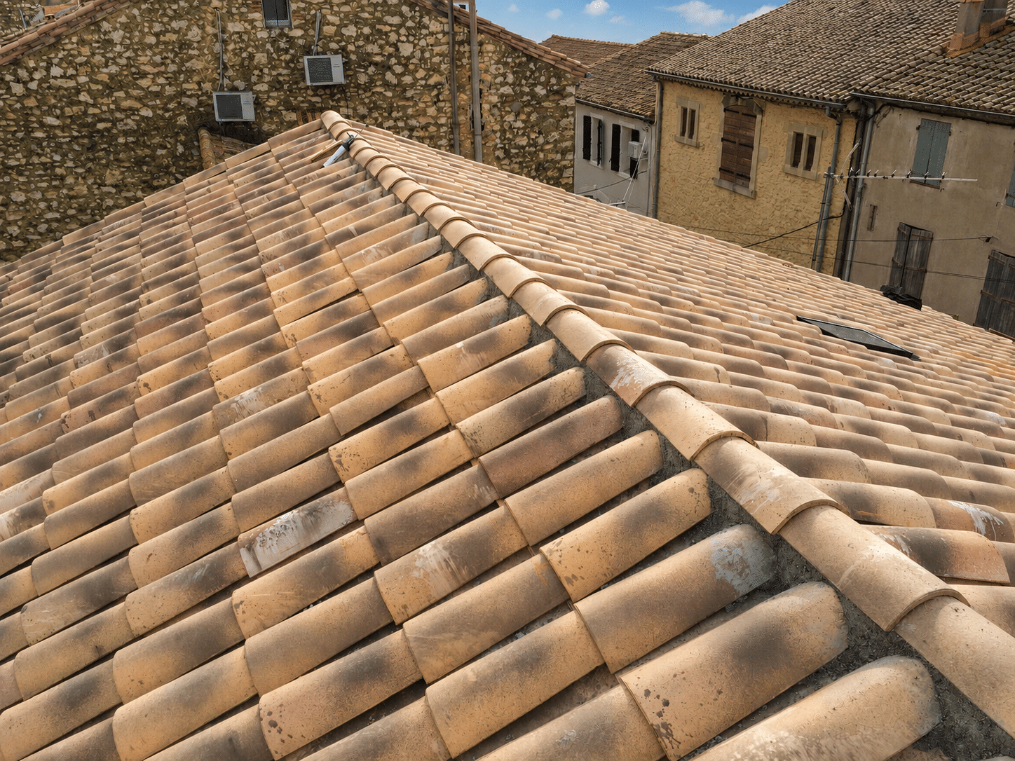 Toiture en Tuiles Canal : Charme et Tradition Méditerranéenne Gros plan sur des tuiles romanes en terre cuite d'un toit traditionnel dans un village provençal ensoleillé.