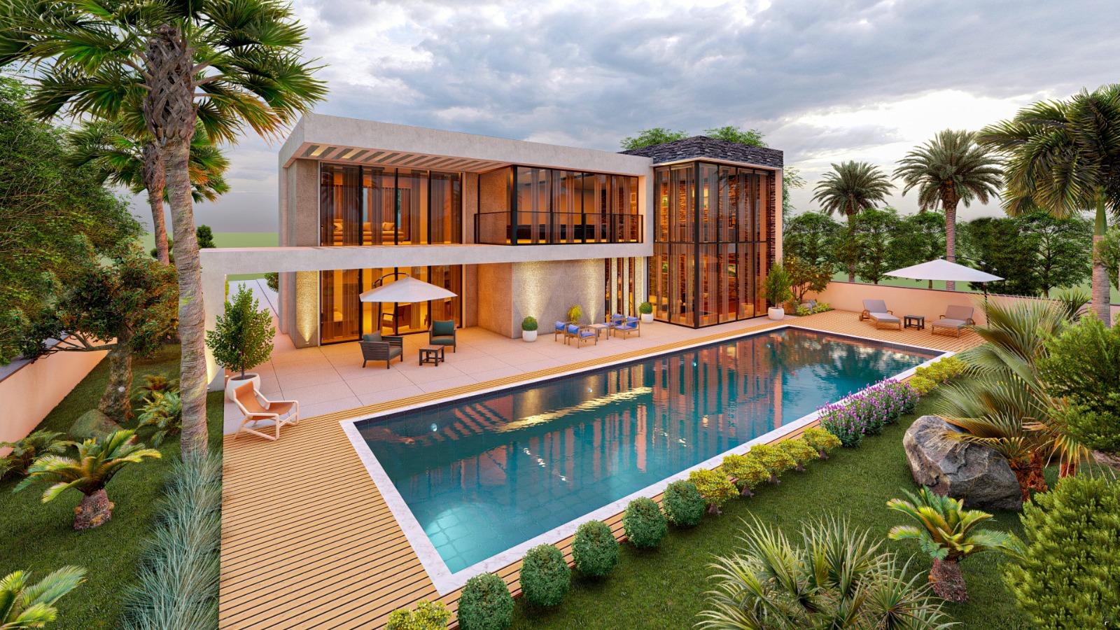 Villa Moderne de Luxe avec Piscine et Jardin Exotique Villa moderne luxueuse avec piscine éclairée, terrasse en bois et jardin exotique sous un ciel nuageux.